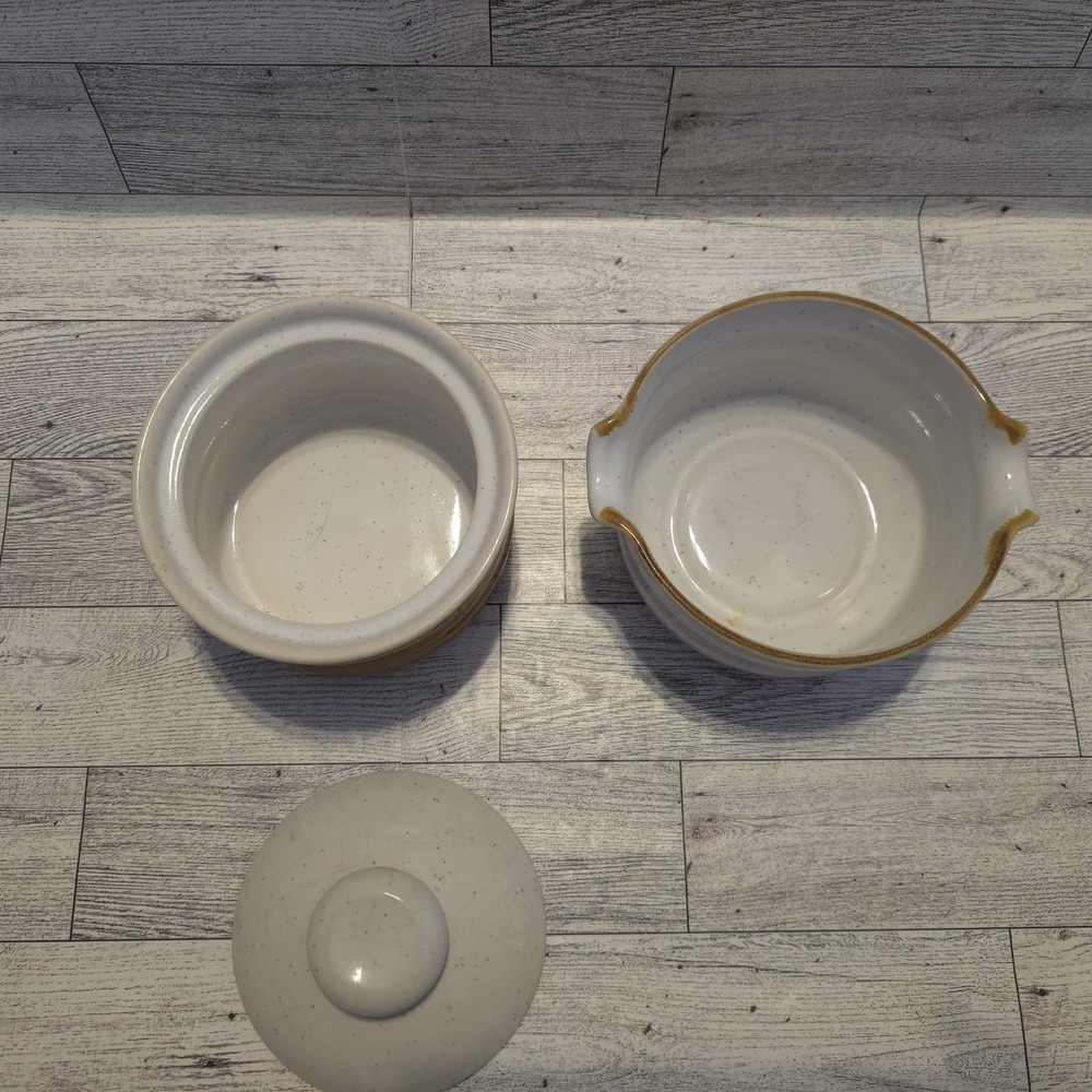 Vtg Imperial Stoneware Sugar Bowl with Lid And Creamer Speckled Brown And White - Picture 3 of 10